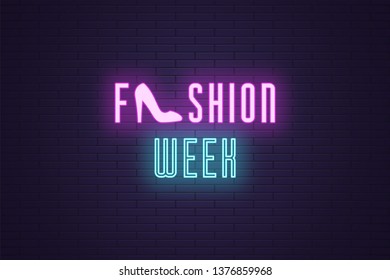 Neon composition of headline Fashion Week. Vector illustration of glowing Neon text Fashion Week with Woman shoe. Bright digital signboard for Glamour industry. Purple and blue color