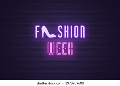 Neon composition of headline Fashion Week. Vector illustration of glowing Neon text Fashion Week with Woman shoe. Bright digital signboard for Glamour industry. Violet and purple color