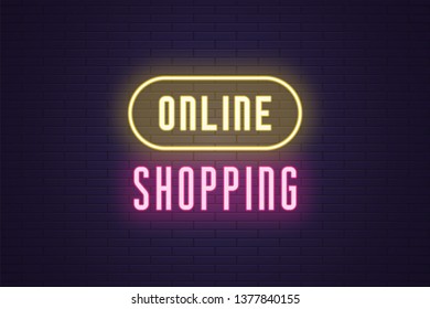 Neon composition of headline Online Shopping. Glowing Neon text Online Shopping. Bright digital signboard for E-commerce, Vector illustration. Yellow and pink color