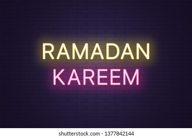 Neon composition of headline Ramadan Kareem. Glowing Neon text Ramadan Kareem. Bright digital signboard, Holy Month for Muslims. Vector illustration banner. Yellow and pink color