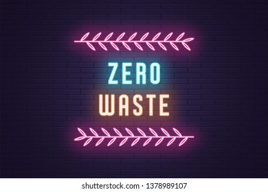 Neon composition of headline Zero Waste. Glowing Neon text Zero Waste with plant branches. Bright digital signboard, Environment care. Vector illustration and banner. Blue, orange and pink color