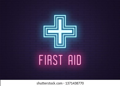 Neon composition of Medical Cross. Vector illustration of glowing Neon Medical cross with text First Aid. Digital concept for Healthcare service, Conference. UI element. Blue and pink color