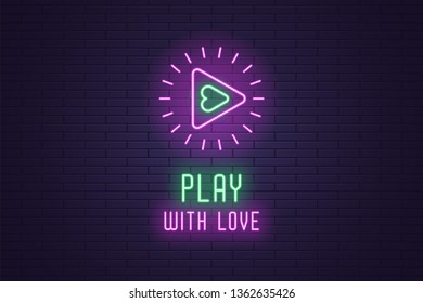 Neon composition of Play button. Vector illustration of round neon Sign with text Play with Love and Heart inside and surrounded by rays. Isolated glowing outline icon, sign. Green and purple color