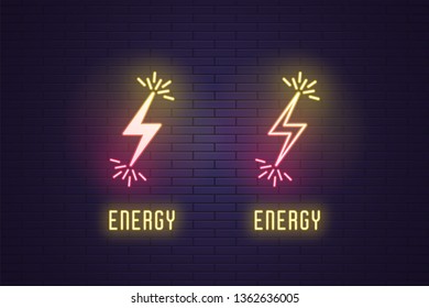 Neon composition set of Lightning bolt flash. Vector illustration of glowing Lightning with sparks and text Energy. Electric strike charge. Neon glowing sign, symbol, icon. Yellow pink gradient