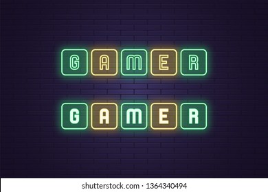 Neon composition of text Gamer. Vector illustration of neon word Gamer, each letter in the frame button. Glowing gaming headline in esports. Isolated outline icon, sign. Green and yellow color
