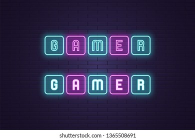 Neon composition of text Gamer. Vector illustration of neon word Gamer, each letter in the frame button. Glowing gaming headline in esports. Isolated outline icon, sign. Blue and purple color