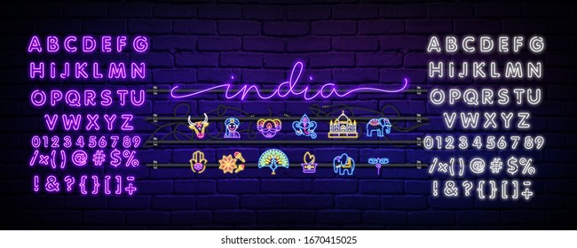 Neon composition of the title India . Vector illustration of glowing neon text and icon set. Bright digital signage for banners, leaflets on a dark background.