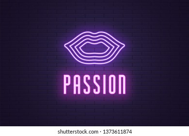 Neon composition of Woman lips. Vector glowing illustration of neon sexy Lips in outline style with text passion. Bright Digital signboard. Violet and purple color