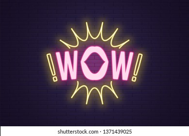 Neon composition of Wow phrase. Vector illustration of glowing Neon text Wow with woman mouth and bang effect. Bright digital signboard. Pink and yellow color