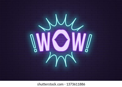Neon composition of Wow phrase. Vector illustration of glowing Neon text Wow with woman mouth and bang effect. Bright digital signboard. Blue and violet color