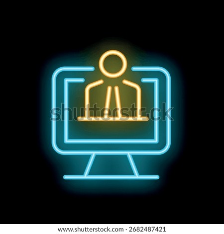 Neon computer icon glowing on dark background representing online business meeting or video conference with businessman