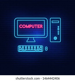Neon computer lighting. Bright is the computer. Modern vector logo, icon, banner, shield, screen, computer lettering image. Night advertising on the background of a brick wall.