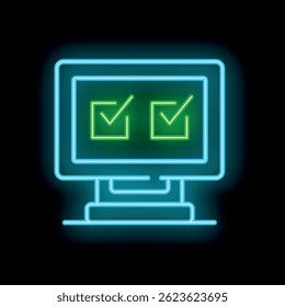 Neon computer monitor displaying two checkboxes, representing online survey, exam, or task completion