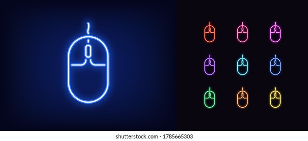 Neon computer mouse icon. Glowing neon mouse sign, set of isolated gaming mouse device in different vivid color. Bright icon, sign, symbol for UI design. Gadget for computer games. Vector illustration