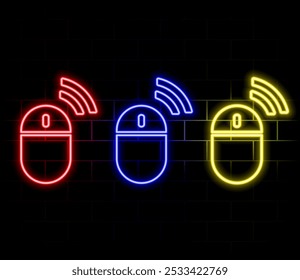 Neon computer mouse icon. Glowing neon mouse sign, set of isolated gaming mouse device in different vivid color. Bright icon, sign, symbol for UI design. Gadget for computer games. Vector illustration