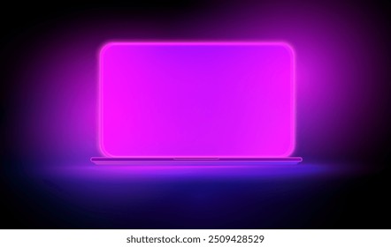 Neon computer with a pink screen.  Dark room with pink and blue lighting. Technology background with a laptop. Cyber gaming pc. Vector illustration.