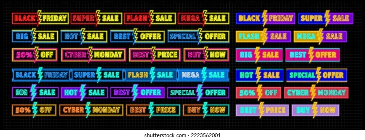 Concepto neón con varios estilos gráficos para editar textos y gráficos. Ofertas especiales venta etiquetas conjunto vector. Viernes Negro, Super, Flash, Mega Venta, Hot Sale, Mejor Oferta, Especial 