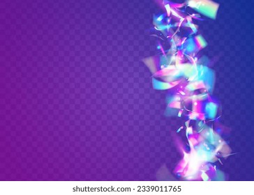 Neon Confetti. Laser-Mehrfarbenstrahler. Kaleidoskop Glare. Fiesta Art. Violet Retro Tinsel. Parteibanner. Kristallfolie. Fallender Hintergrund. Purple Neon Confetti