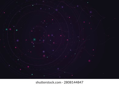 Neon constellation network with glowing data points and circular connections