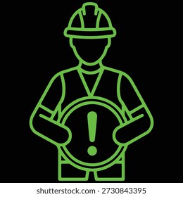 Neon Construction Worker with Warning Sign Line Style for Site Safety, A modern neon green line-style icon of a construction worker in a hardhat and safety vest, holding a large circular exclamation warning sign. This vibrant, minimalist design on a black background is perfect for digital safety interfaces, high-tech industrial manuals, modern construction site alerts, and occupational health and safety (OHS) software graphics.
