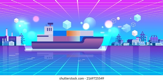 transporte de contenedores de neón a la vista de puertos industriales a través de VR gafas logísticas y de transporte metáverse tecnología de realidad virtual