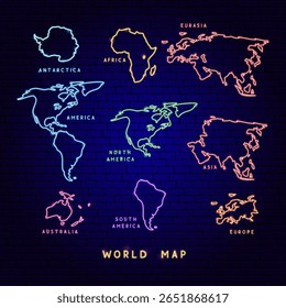 Neon Continents World Map (em inglês). Ilustração em Arte Brilhante Vetorial de Forma Geográfica. Geografia e Cartografia. LED Lamp Object Labels com texto.