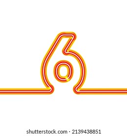 Neon continuous number 6. Transparent neon. red glow. Night Show Alphabet six. neon compatible with all floors. 3d Rendering Isolated on white background.