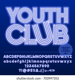 Neon cool  striped vector alphabet. Graphic font with text Youth club