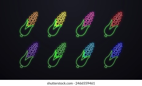 Neon corn swing icon in different bright colors on a dark background.
