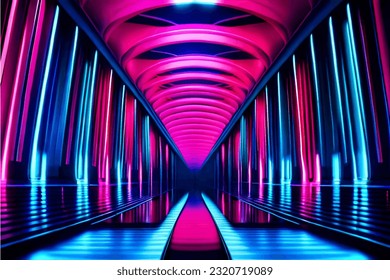 Neon corridor. Vector illustration of a neon scene. Neon background.