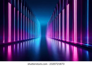 Neon corridor. Vector illustration of a neon scene. Neon background.