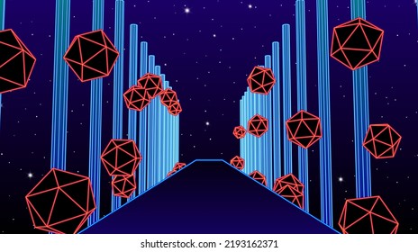 Neon corridor with wireframe shapes in 80s synthwave style. Abstrace retro arcade game background for party poster or music cover.