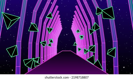 Neon corridor with wireframe shapes in 80s synthwave style. Abstrace retro arcade game background for party poster or music cover.