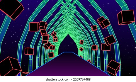 Neon corridor with wireframe shapes in 80s synthwave style. Abstrace retro arcade game background for party poster or music cover.