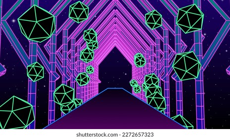 Neon corridor with wireframe shapes in 80s synthwave style. Abstrace retro arcade game background for party poster or music cover.