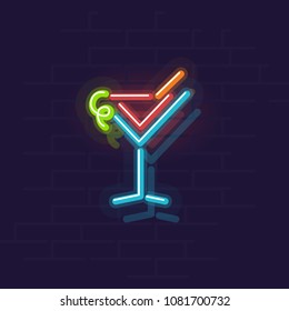 Neon cosmopolitan icon. Night illuminated wall street sign. Isolated geometric style illustration on brick wall background.