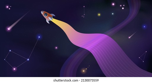 Neon cosmos and universe kids background with rocket or spaceship, shiny stars and rainbow. Cartoon illustration with pink cosmos background, fantasy outer space wallpaper for kids. Vector design.