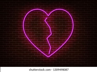 Neon crack heart sign vector isolated on brick wall. Light heart, shop decoration element. Neon love symbol.
