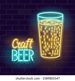 Neon craft beer mug with typography. Glowing illustration on brick wall background for bar or shop poster, advertisement. Square size for social network post.