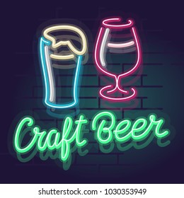 Neon craft beer sign. Night illuminated wall street pub or bar sign. Square illustration on brick wall background for social networks.