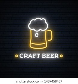 Neon craft beer signboard. Vector beer mug emblem.