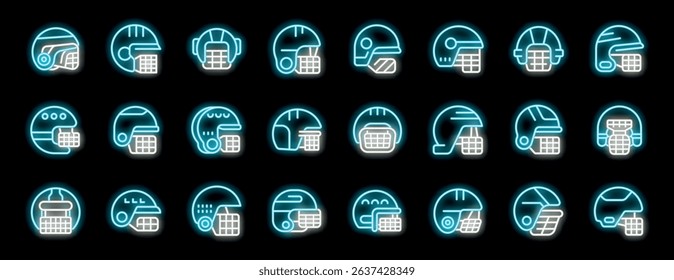 Neon cricket helmets shining brightly, showcasing various designs of protective headwear for sports safety