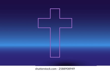 Neon cross symbol on a gradient blue background. The isolated symbol is located in the bottom center. Gradient blue with light blue skyline