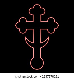 Neon cross trefoil shamrock on church cupola domical with half-moon Cross monogram Religious cross red color vector illustration image flat style light