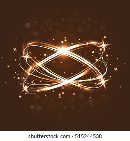 Neon crossed circles light lines effect. Magic fire rings. Glowing circles on the brown background.