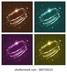 Neon crossed circles light lines effect. Set of Magic fire rings. Glow circles on the transparent background.