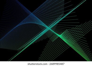 Neon Crossed Lines. Abstract Art With Blue and Green Geometric Light Beams