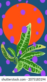 Neon croton plant on bright elements, exotic tropical plant flat style illustration background, nostalgia hand drawn vintage fun feeling