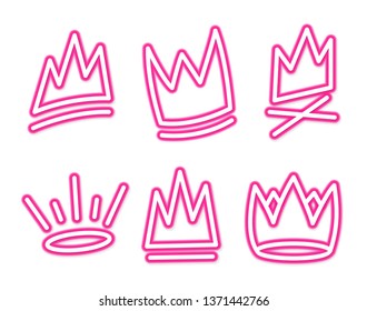 Neon crown graffiti set in pink over black. Vector illustration.