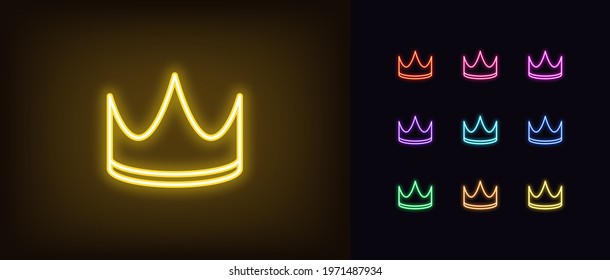 Neon crown icon. Glowing neon corona sign, outline crown pictogram in vivid color. King or Queen golden crown, kingdom, authority and nobility. Vector icon set, sign, symbol for UI svg